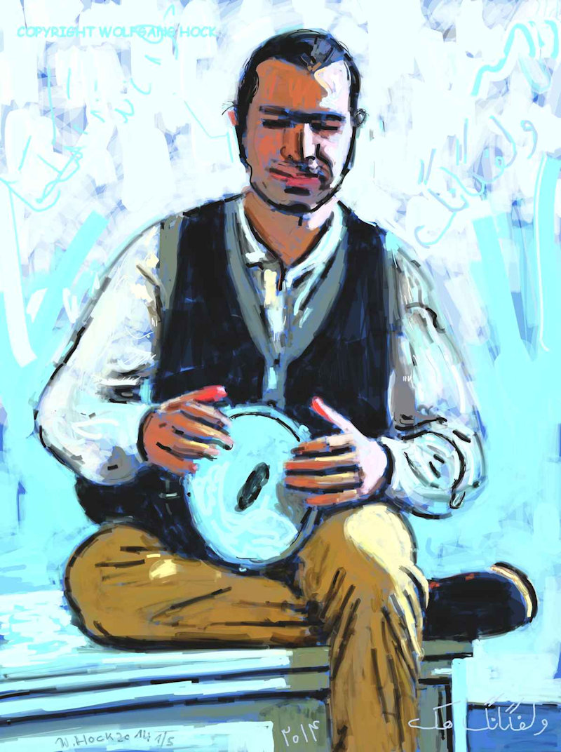 Omid on the drum 2014   Inkjet printed computer painting on canvas, edition of 5 100 x 135 cm (134 megapixel)