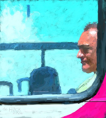 Mann im Bus I - Man on the bus I - Homem no ônibus I 2024   Handmade digital painting and collage on canvas 130 x 145 cm (242 megapixels)